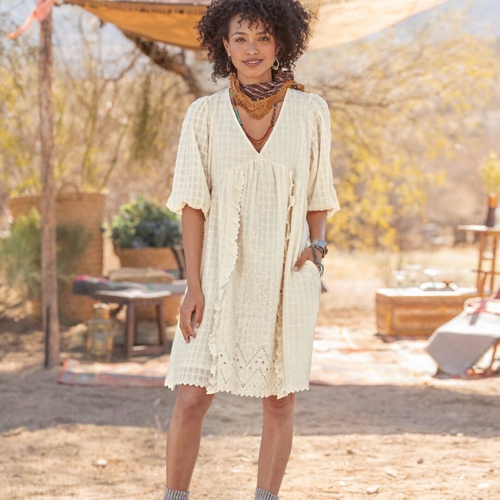 Sundance Thora Eyelet Embroidered Cream Boho Dress Size PS Petite Small